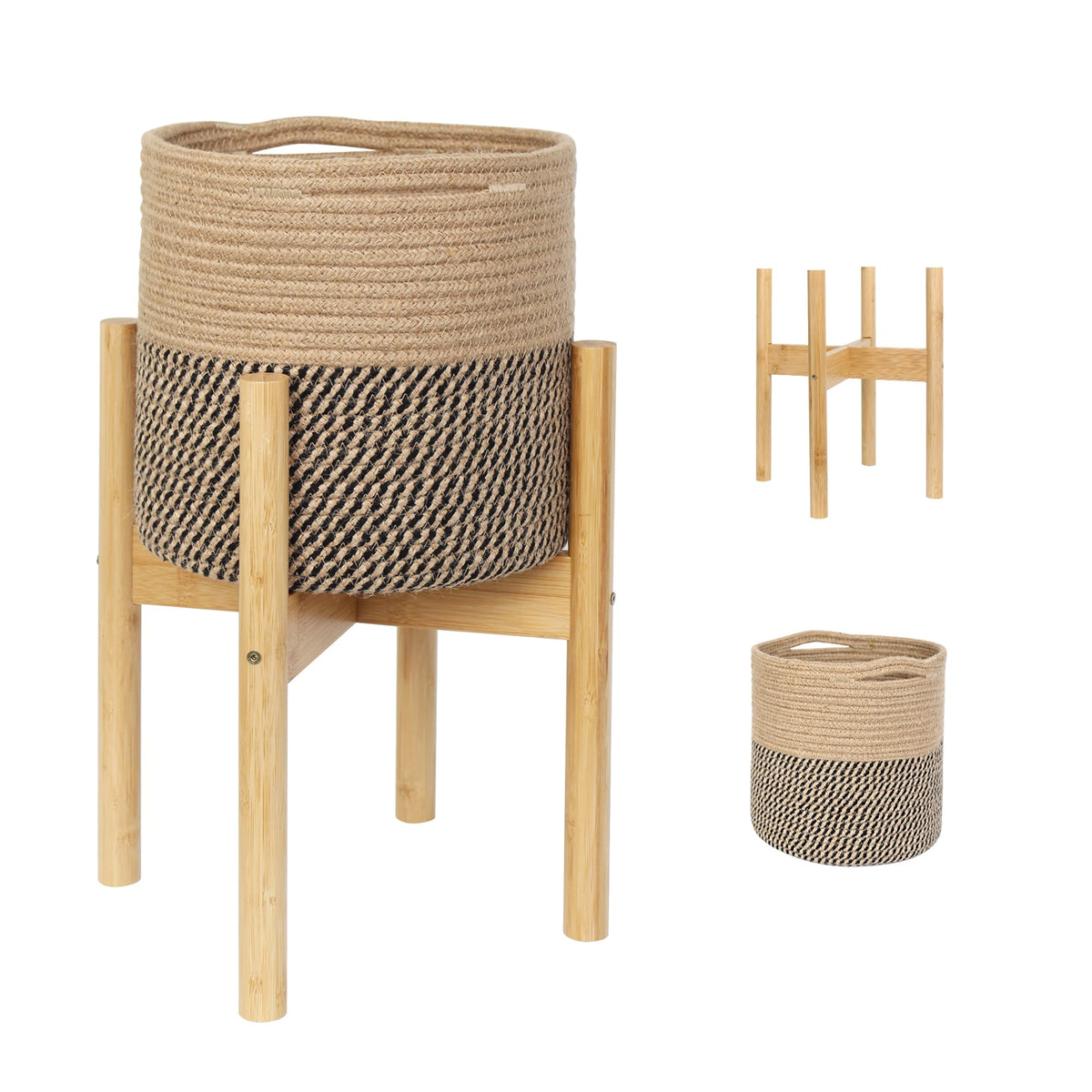 WILLITAT front view of the woven plant basket and bamboo stand adding boho style