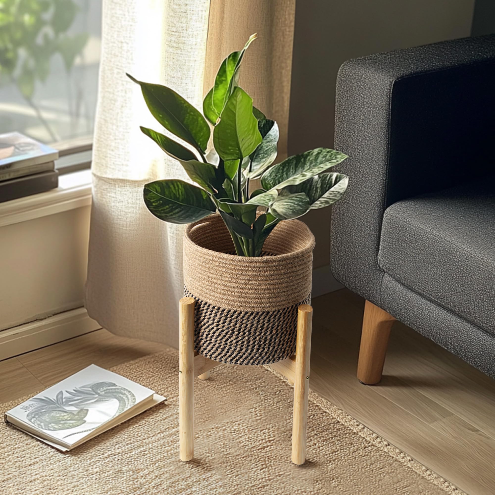 WILLITAT basket holding a potted fiddle leaf fig in a styled living room