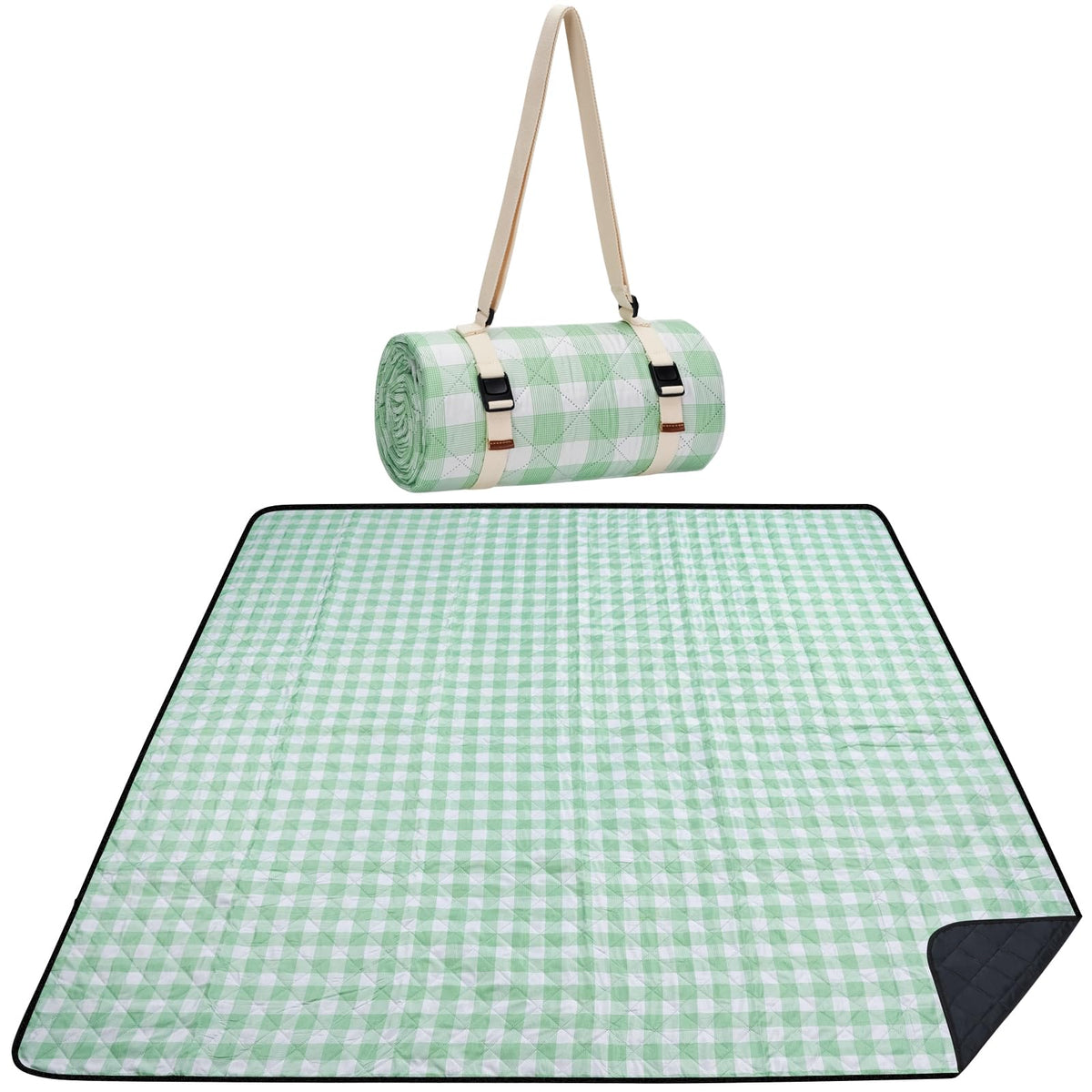 WILLOW WEAVE front view showing full green check blanket and usability