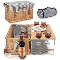 WILLOW WEAVE front view striped picnic basket showing sturdy willow and leather trim benefit portability
