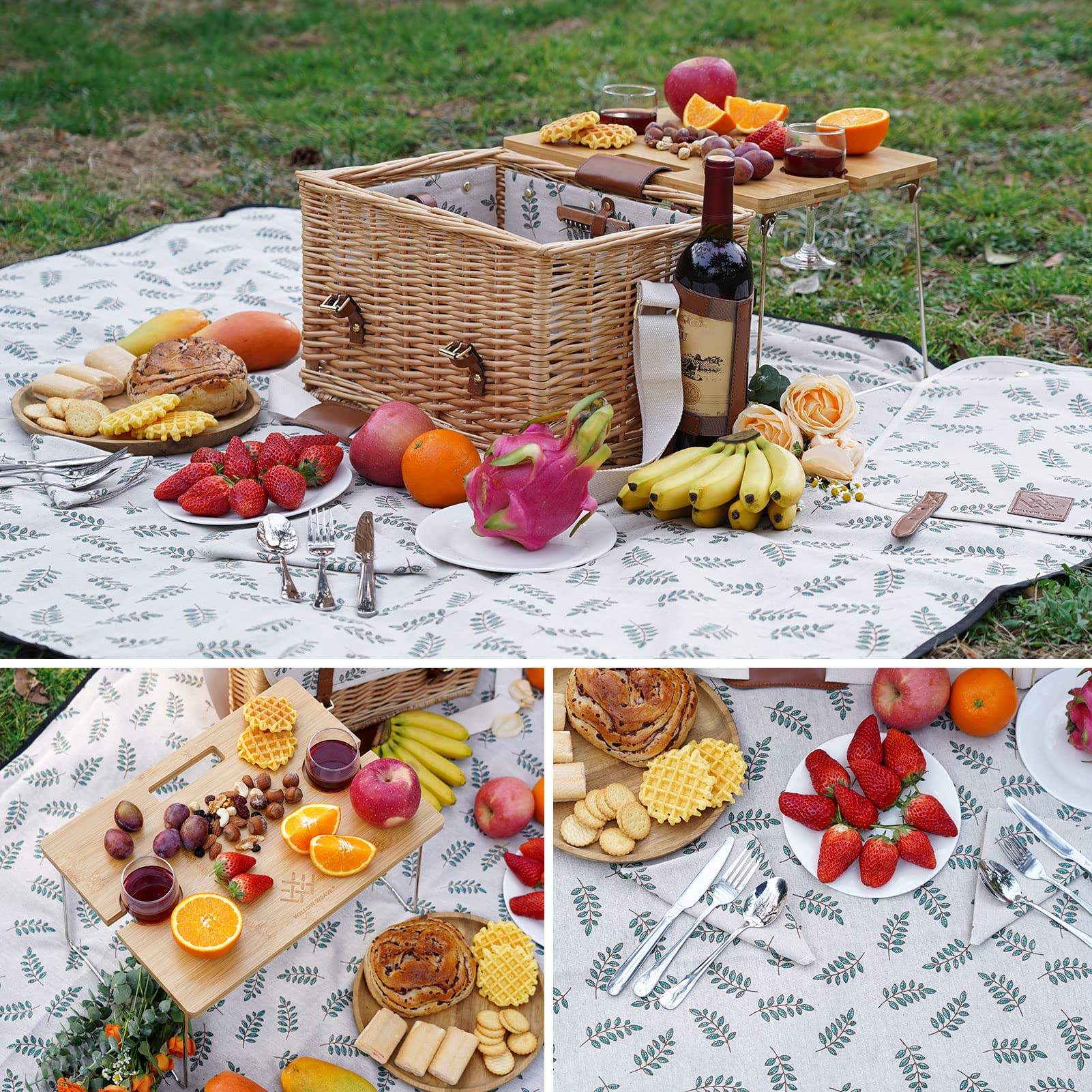 WILLOW WEAVE bamboo table close-up with foldable legs, stable serving surface