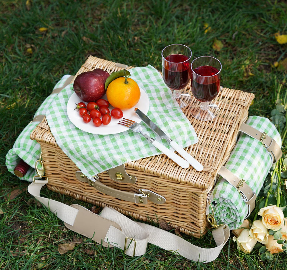 WILLOW WEAVE neatly arranged plates, cutlery and glasses showing included accessories