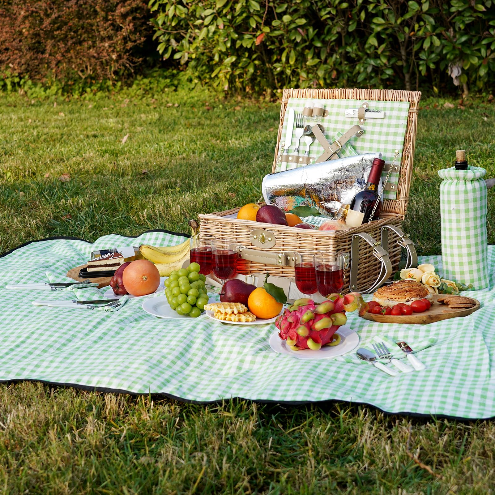 WILLOW WEAVE waterproof picnic blanket spread on damp grass for comfort