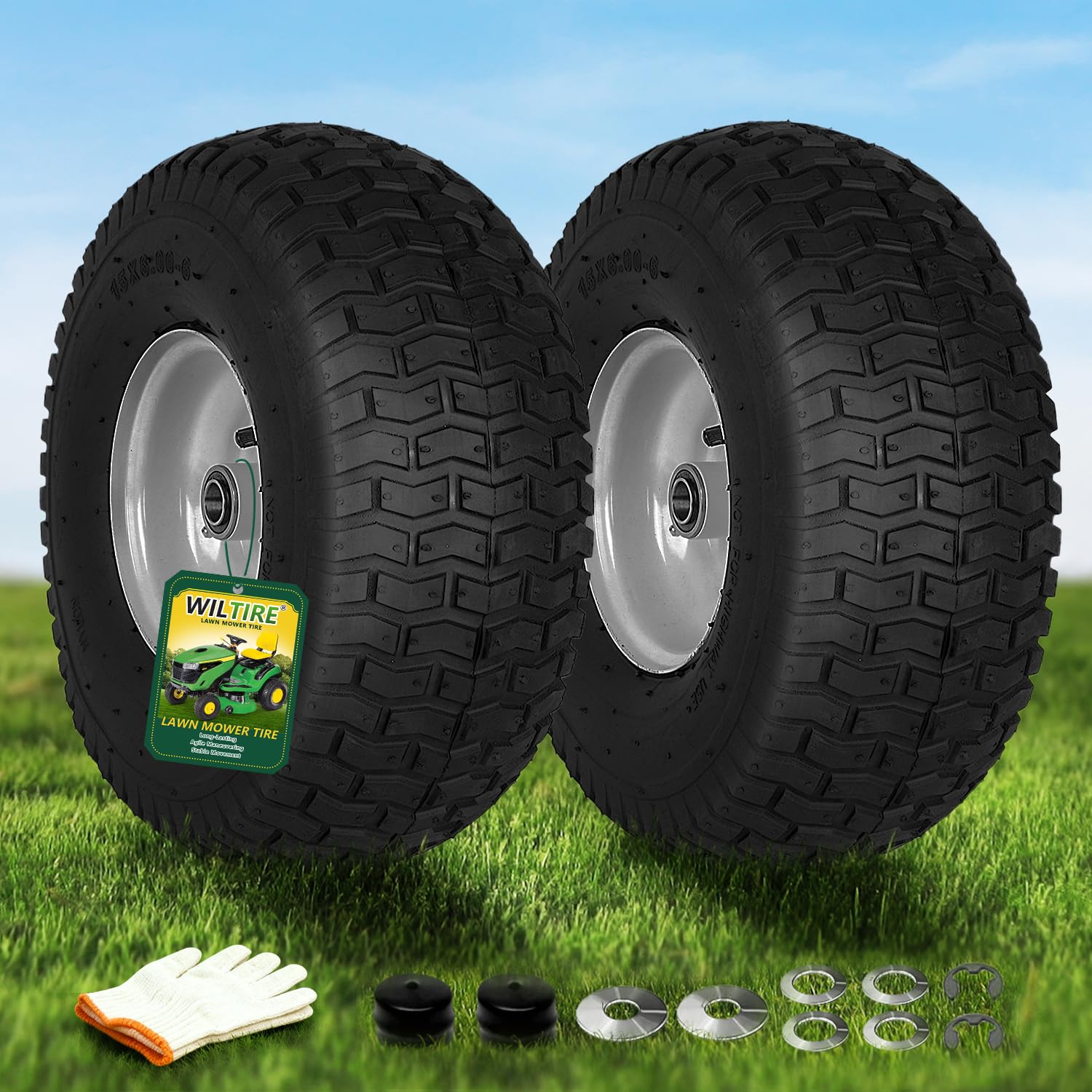 Wiltire front assembly front view showing ready-to-install wheel and tire, improves mower stability