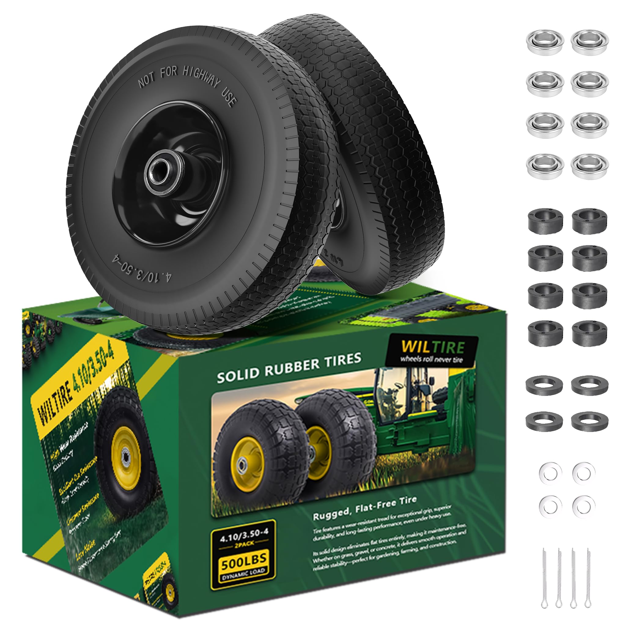 Wiltire front assembly showing wheel and rim, durable replacement for carts