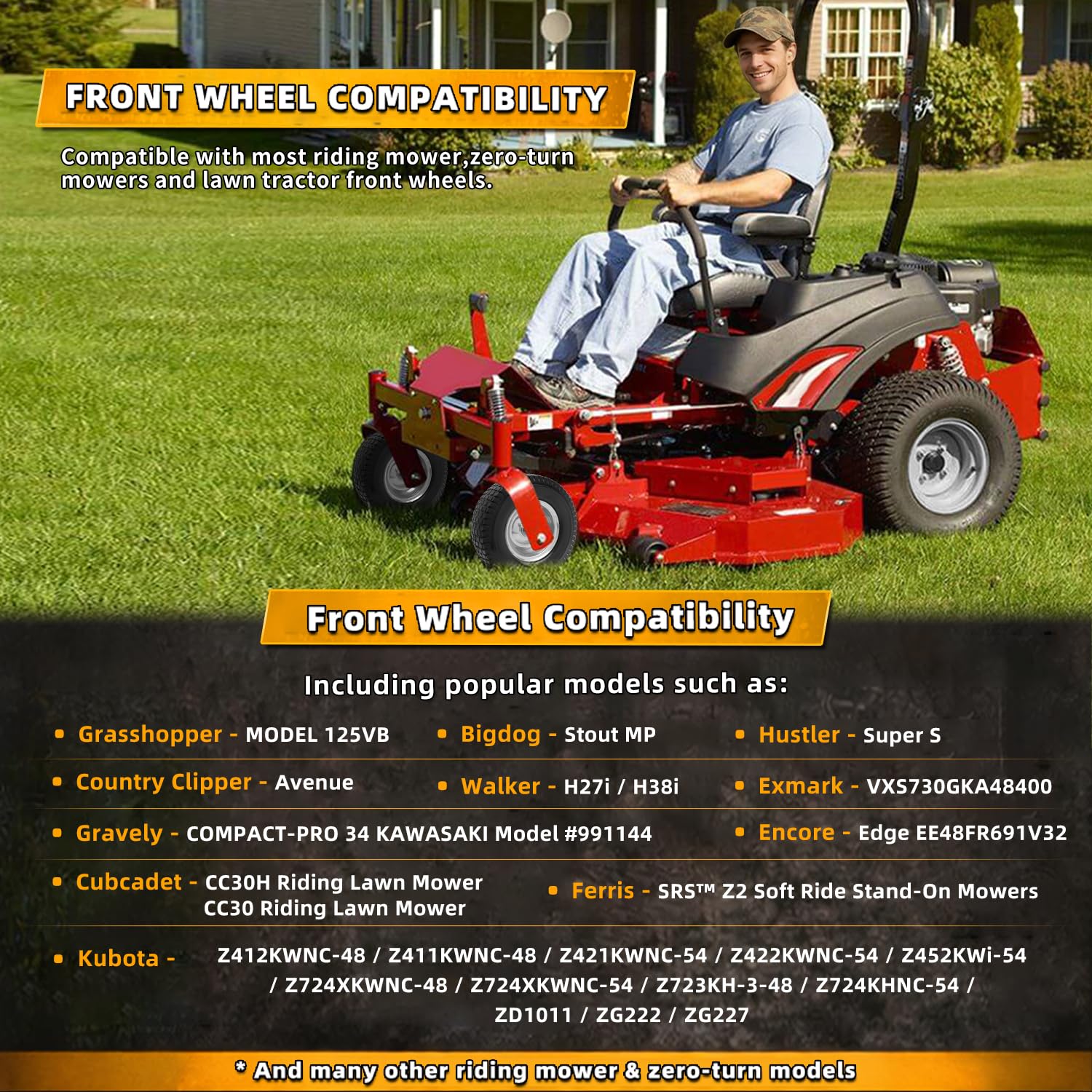 Wiltire wheel mounted on mower caster demonstrating easy install benefit