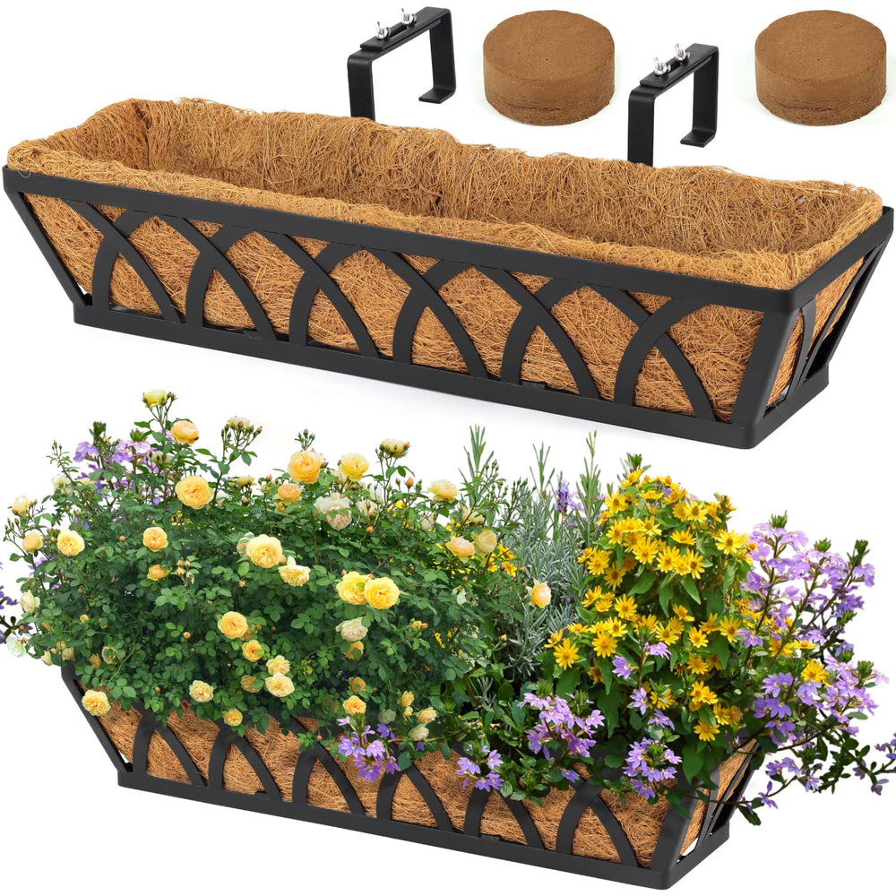 WIMART front view of 24-inch hanging window box showing sleek black finish and long planting space