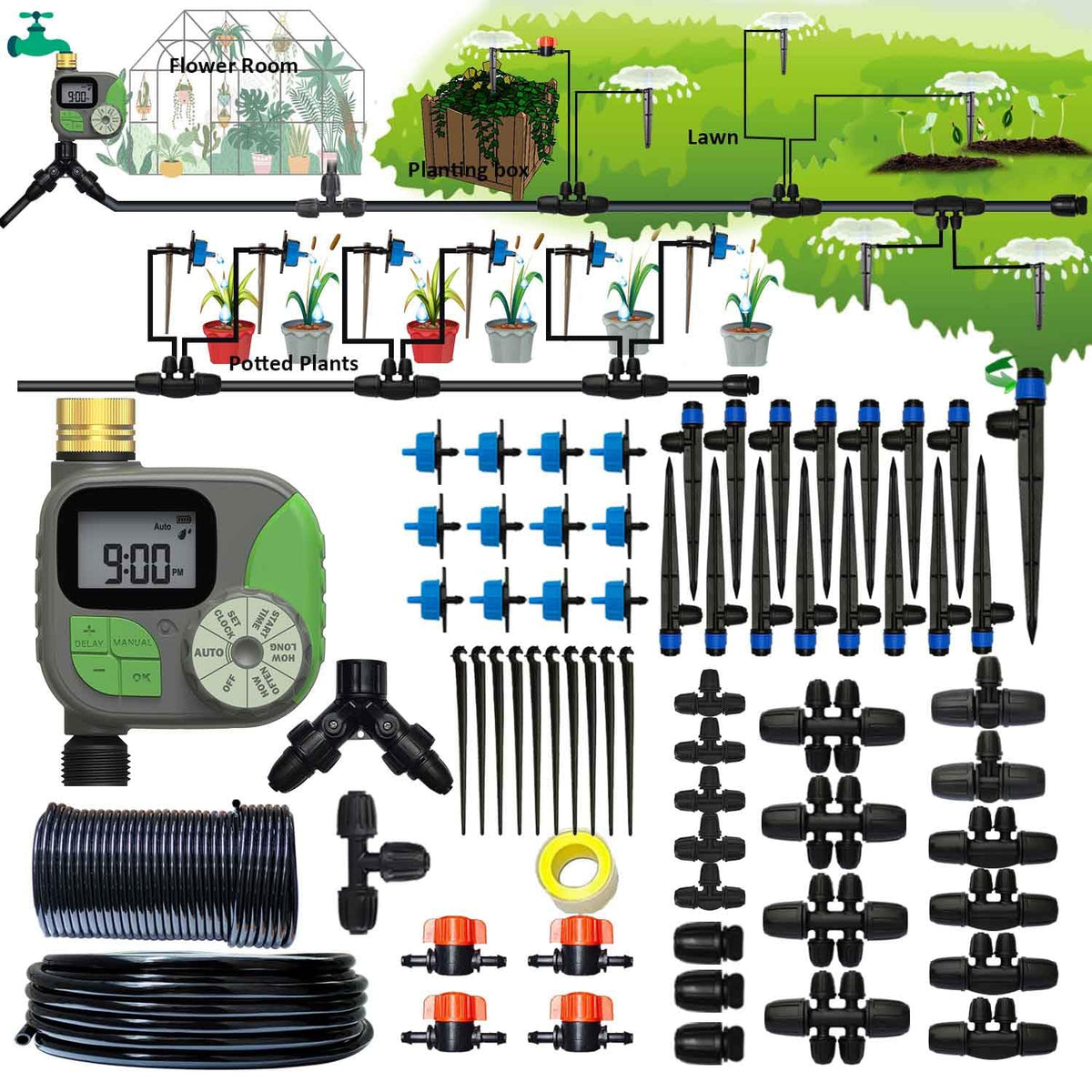 Winbomgo front packaging showing full kit for quick setup and reliable watering