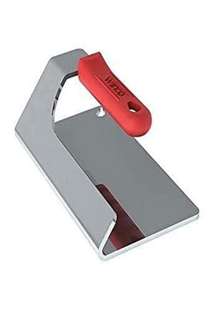 Winco steak weight front view showing stainless base and red silicone handle for safe grip