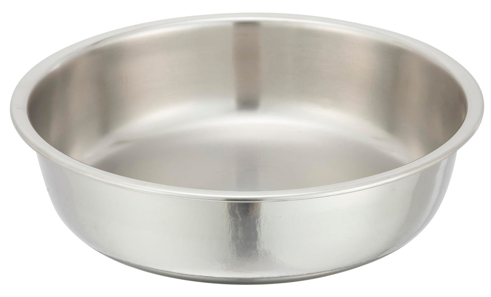 Winco stainless steel water pan front view showing durable finish and easy cleaning