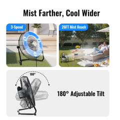 Windigaga mounted on patio wall delivering mist, saves floor space and cools guests