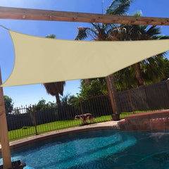 Windscreen4less front view of beige shade sail packaging showing size and style benefits