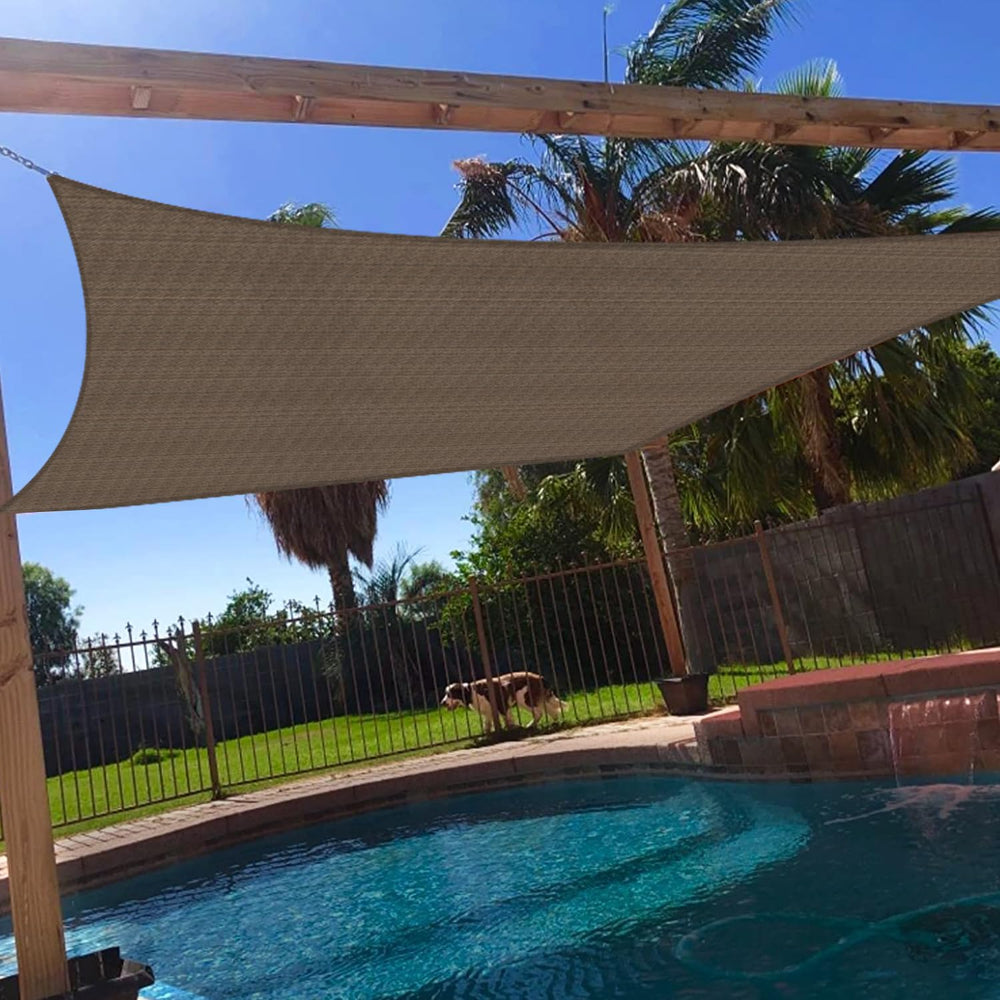 Windscreen4less front view of brown 8x8 shade sail showing clean canopy and UV protection