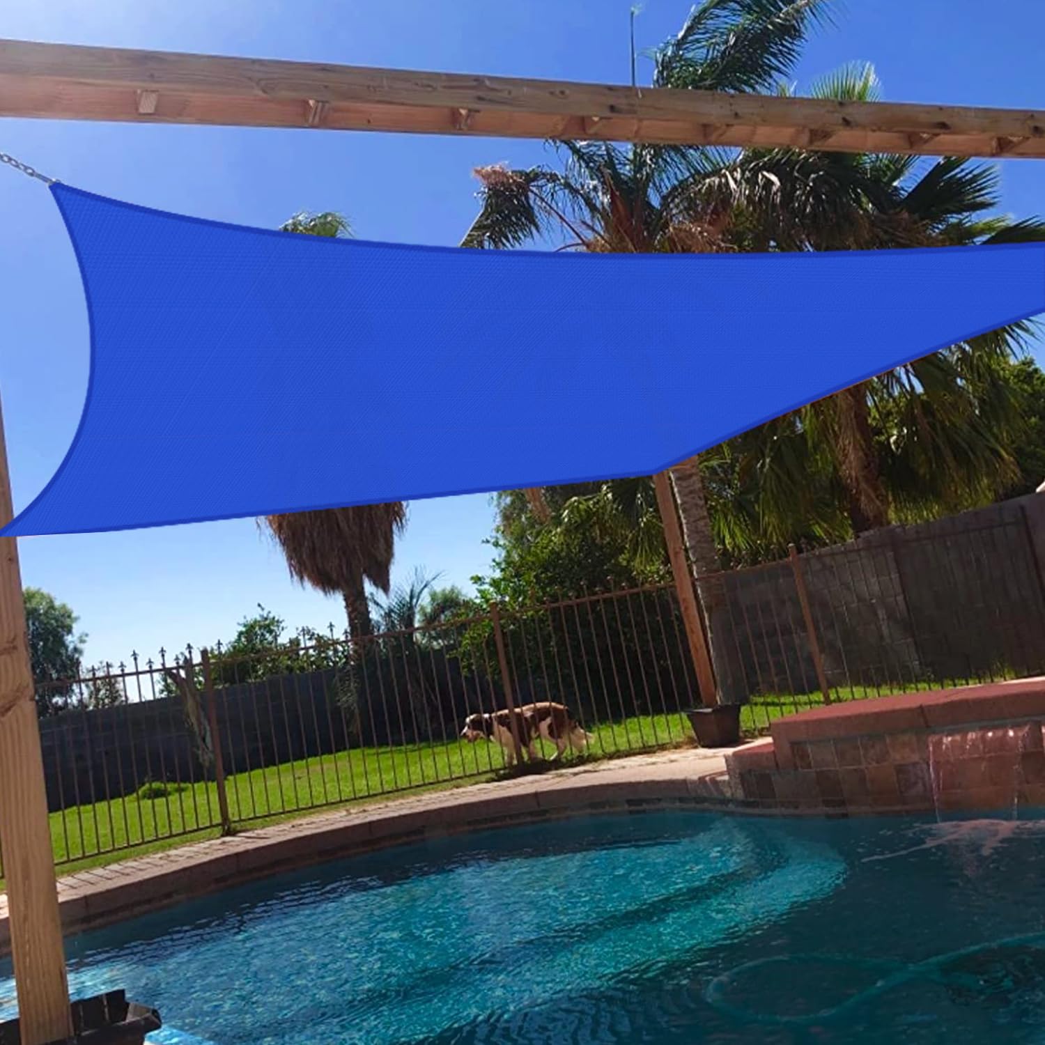 Windscreen4less front view of blue rectangle sail showing full coverage and UV reduction benefit