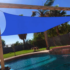 Windscreen4less front view of blue rectangle sail showing full coverage and UV reduction benefit