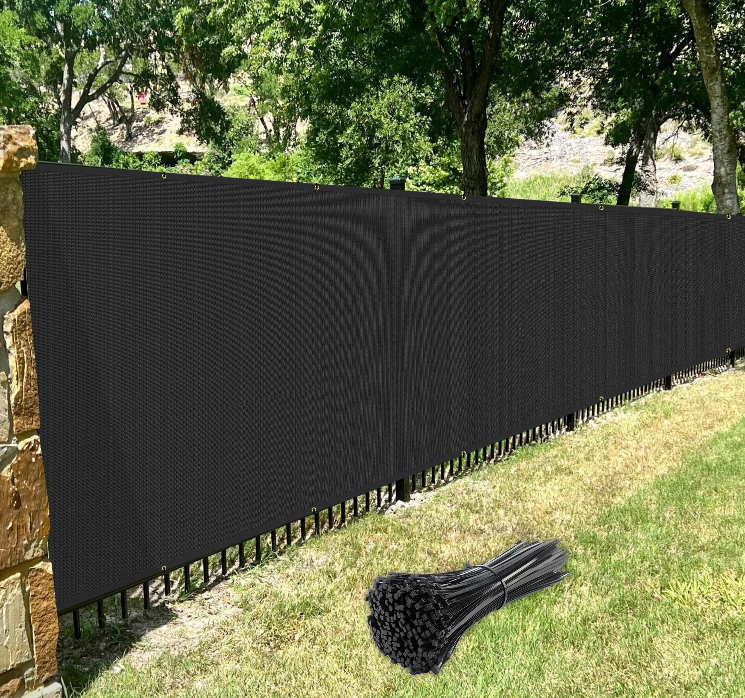 Windscreen4less roll next to fence post showing 6'x50' scale for coverage planning
