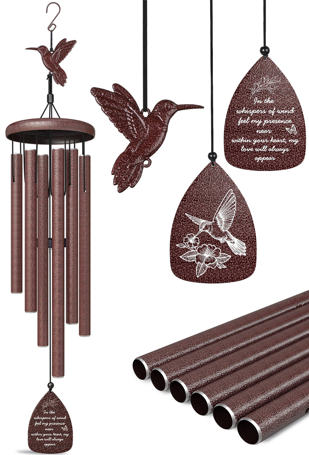 Windsplay front view of 35-inch hummingbird memorial wind chimes offering peaceful remembrance