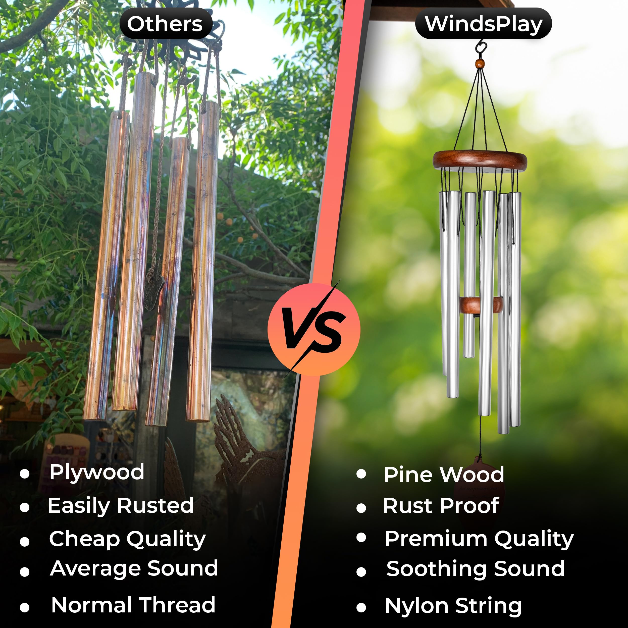 Windsplay chime next to chair illustrating actual scale and placement benefit