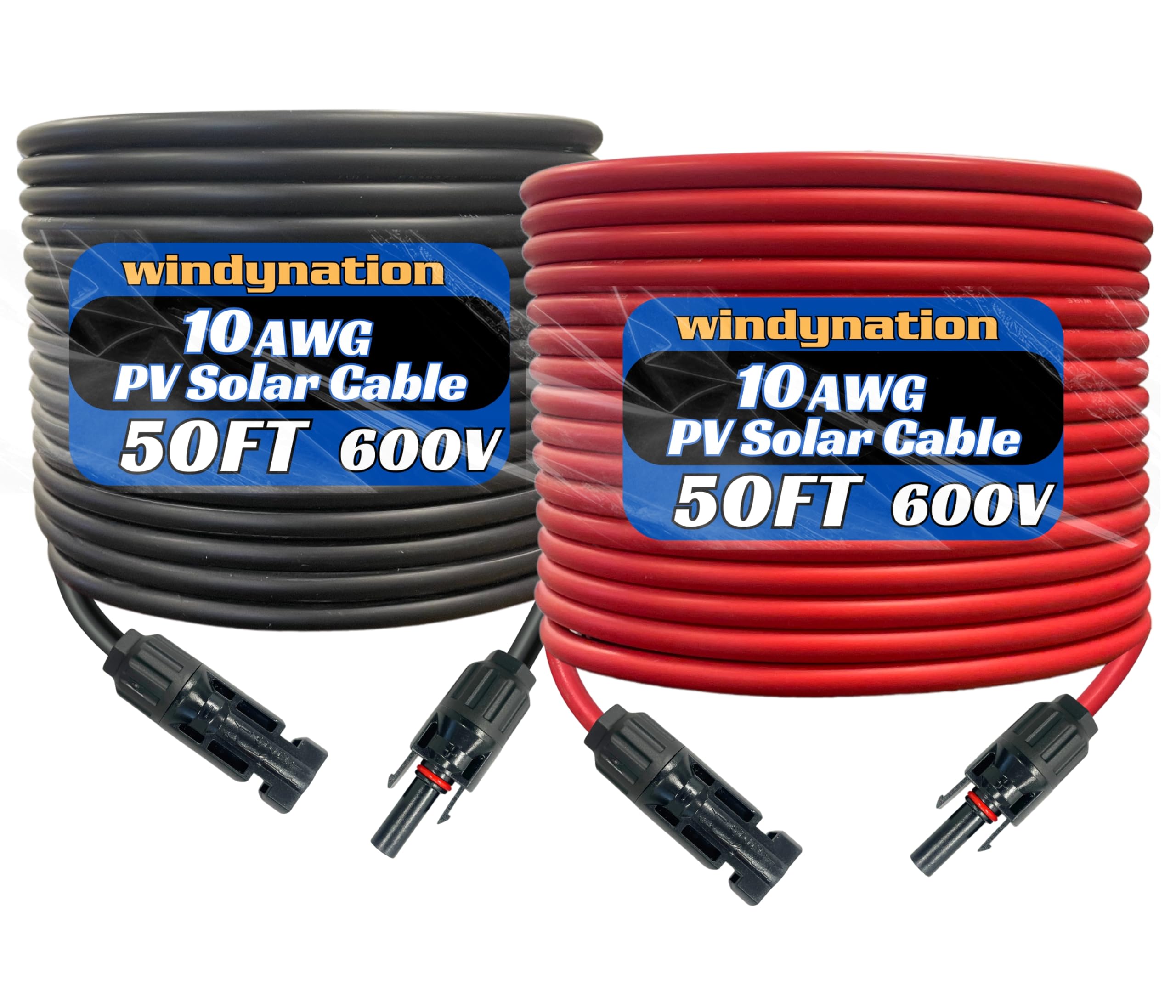 WindyNation coiled 10 AWG red and black 50ft pair showing flexible PV cable for easy routing