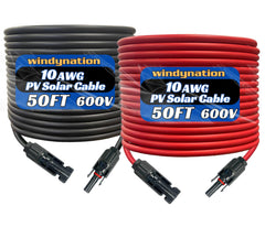 WindyNation coiled 10 AWG red and black 50ft pair showing flexible PV cable for easy routing
