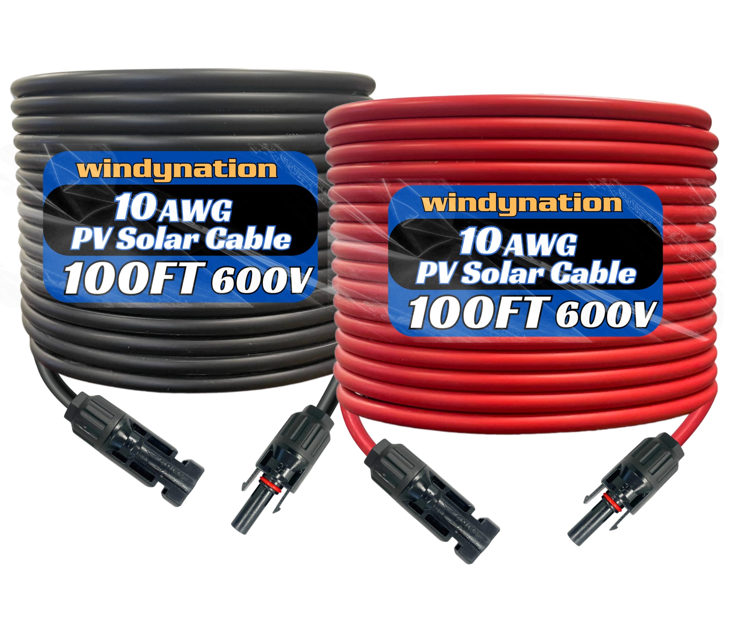 WindyNation front packaging showing 10 AWG 100ft red and black cables, durable supply benefit