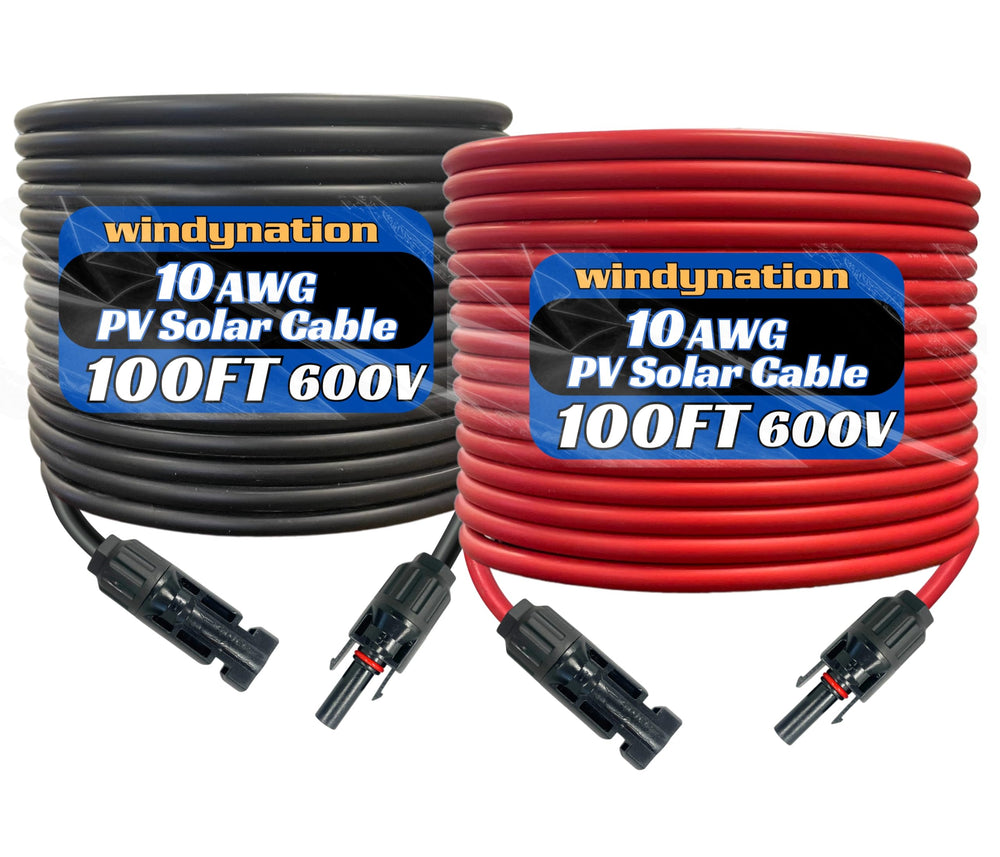 WindyNation front packaging showing 10 AWG 100ft red and black cables, durable supply benefit