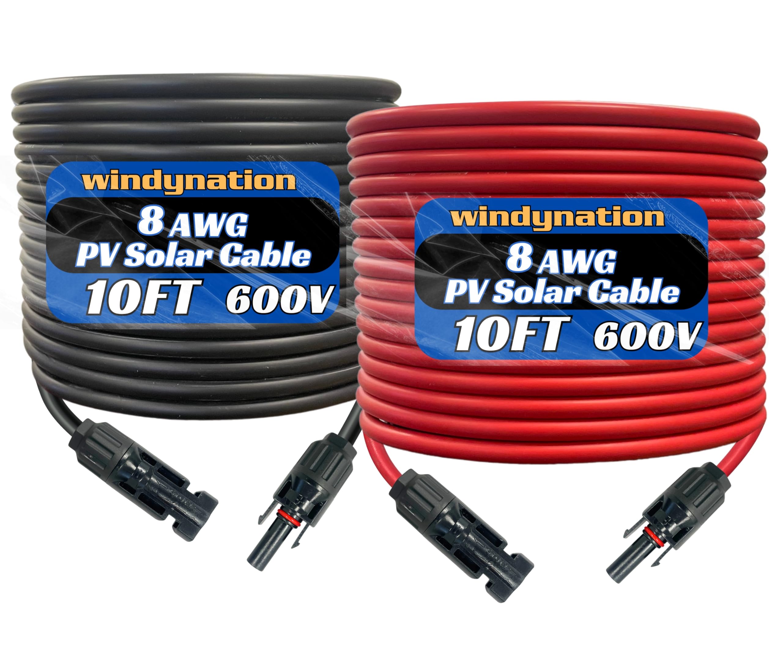 WindyNation front view of 8 AWG red and black PV extension pair showing connectors and jacket benefits