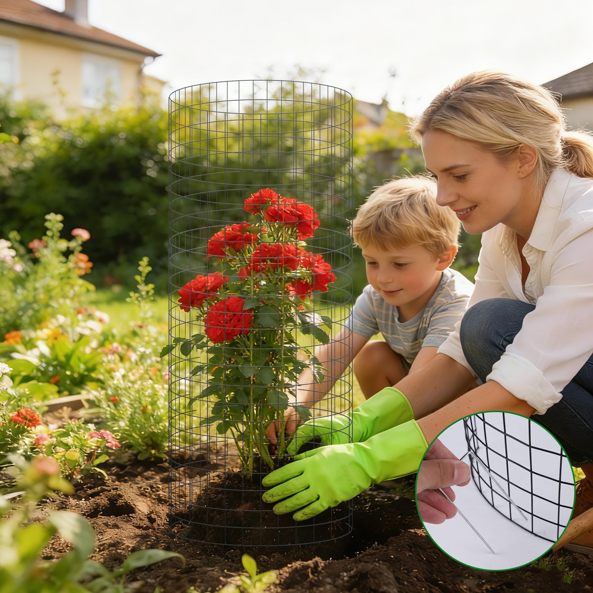 winemana garden scene with multiple cages protecting raised bed plants effectively
