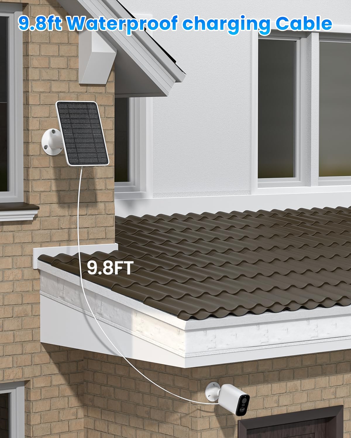 WININMETA panel installed near a Ring camera on a porch illustrating convenient outdoor power solution