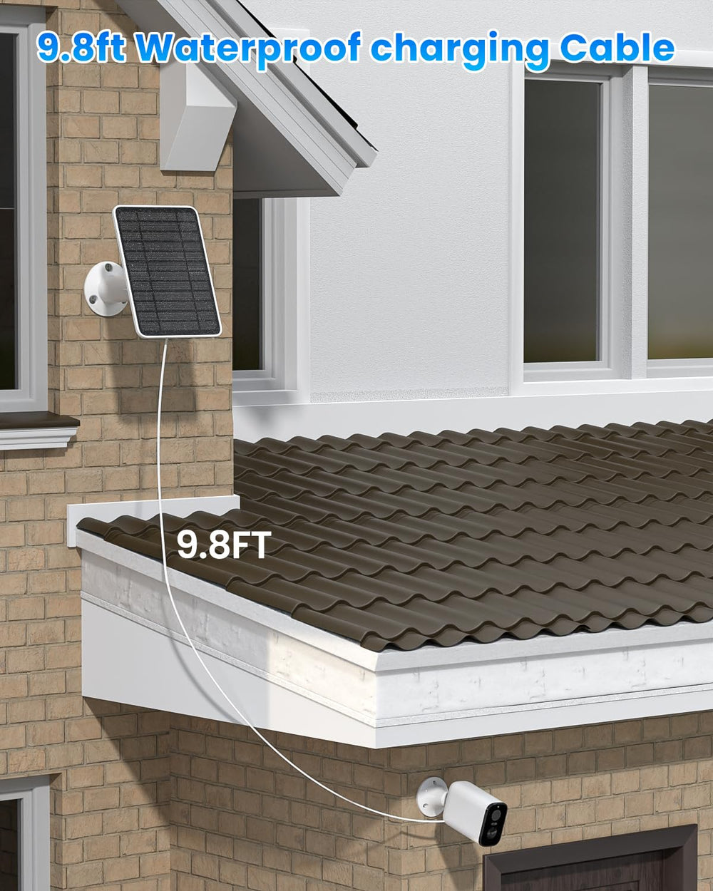 WININMETA panel installed near a Ring camera on a porch illustrating convenient outdoor power solution