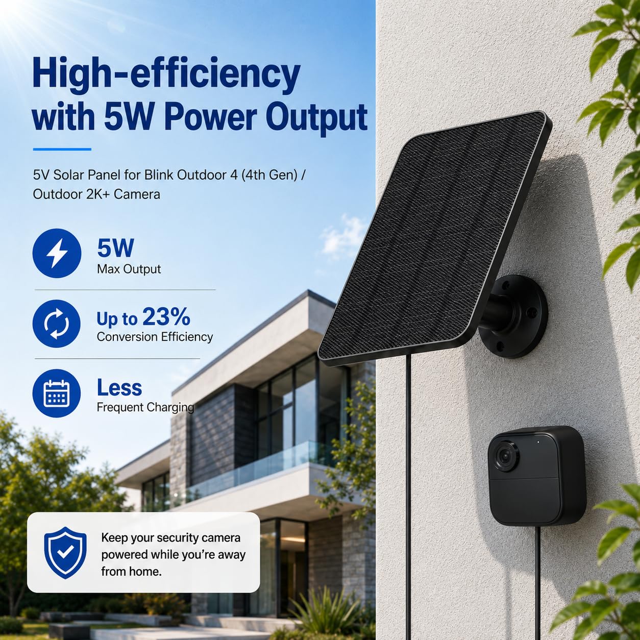 WININMETA mounted beside Blink camera demonstrating hands-free solar charging