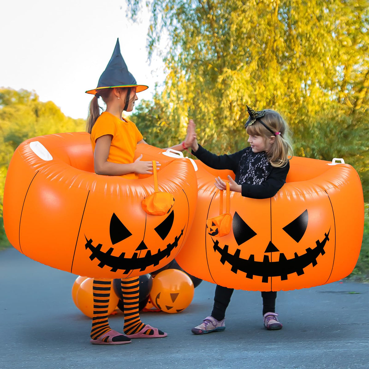 WinnerWhy front view of two pumpkin bumper balls showing festive design and size benefit