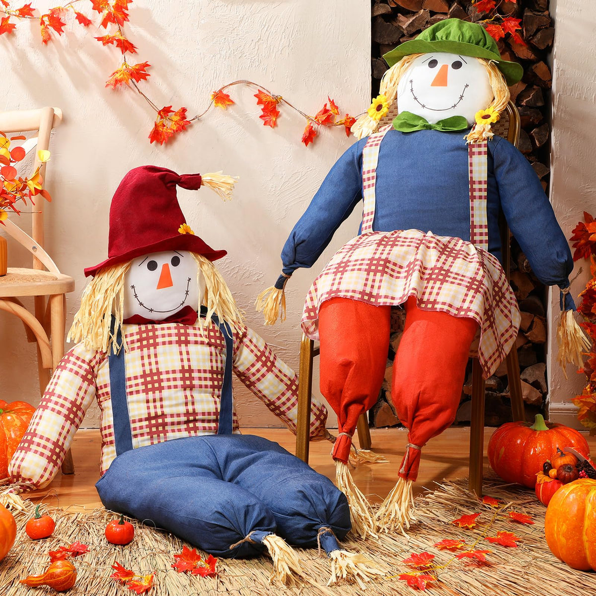 WinnerWhy front view of two sitting scarecrows showing welcoming fall decor