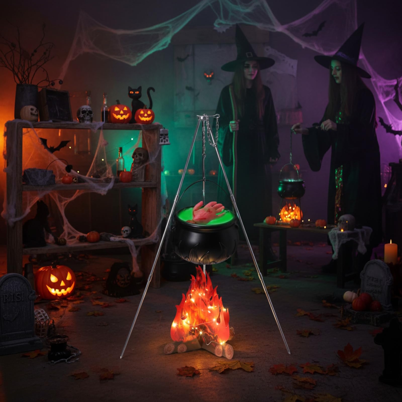 WinnerWhy full yard display at night showing dramatic Halloween curb appeal