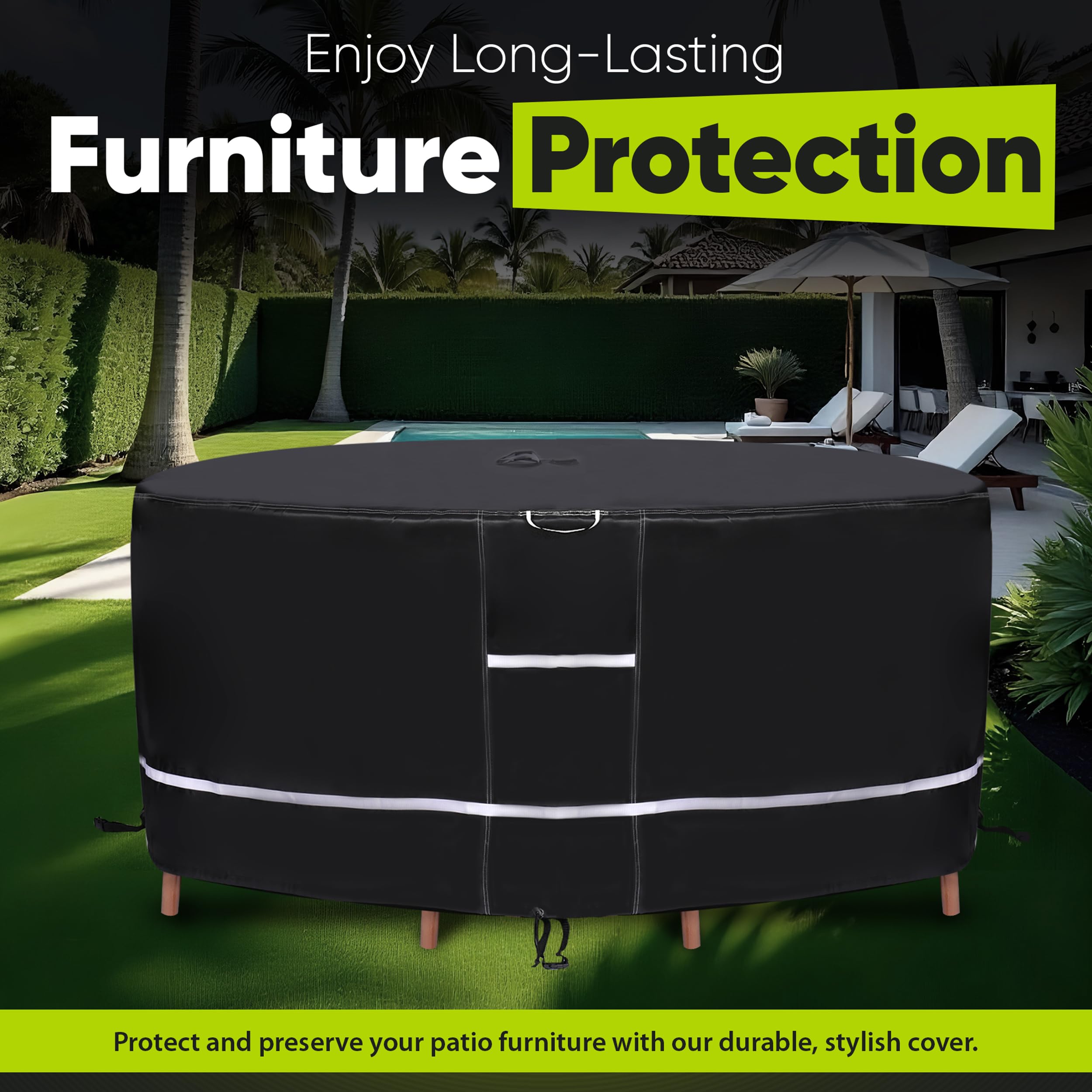 Winnerz Only SerenityShield on patio table in outdoor setting demonstrating weather protection and style