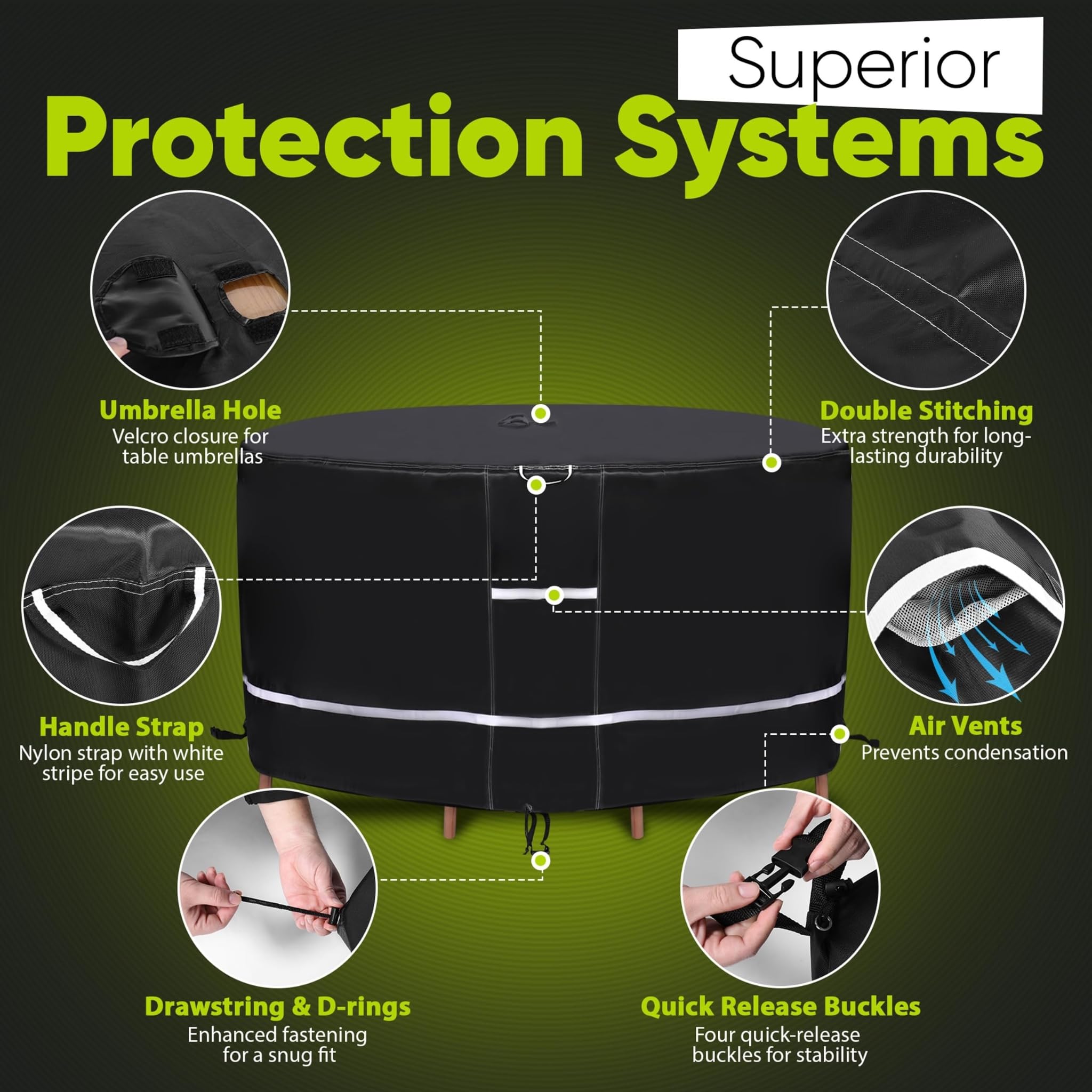 Winnerz Only SerenityShield umbrella hole detail with Velcro closure for on-table umbrella convenience