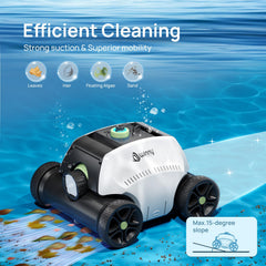 WINNY POOL CLEANER operating in water clearing leaves and sand for cleaner pool water