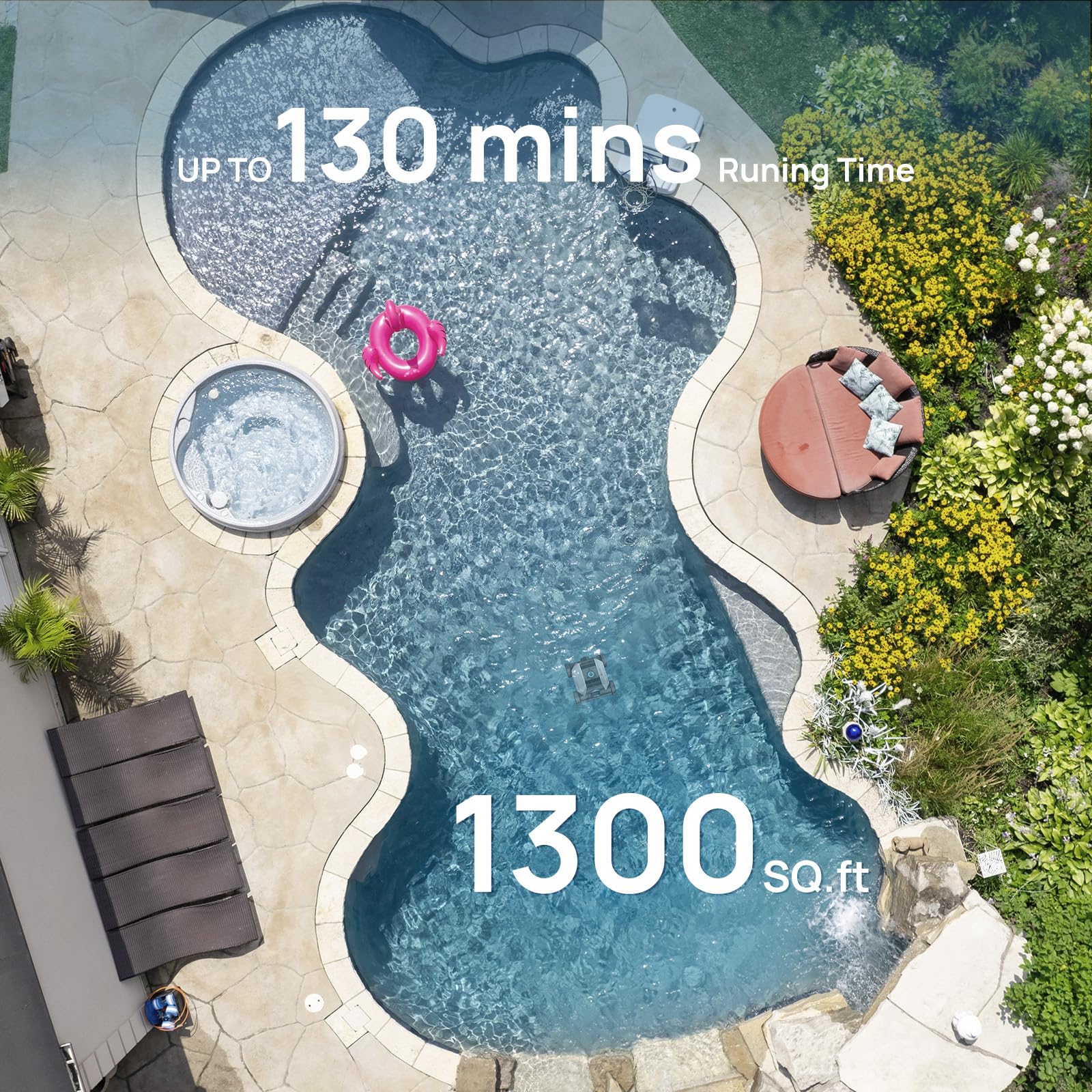 WINNY POOL CLEANER by a backyard above-ground pool illustrating quiet, hands-off maintenance