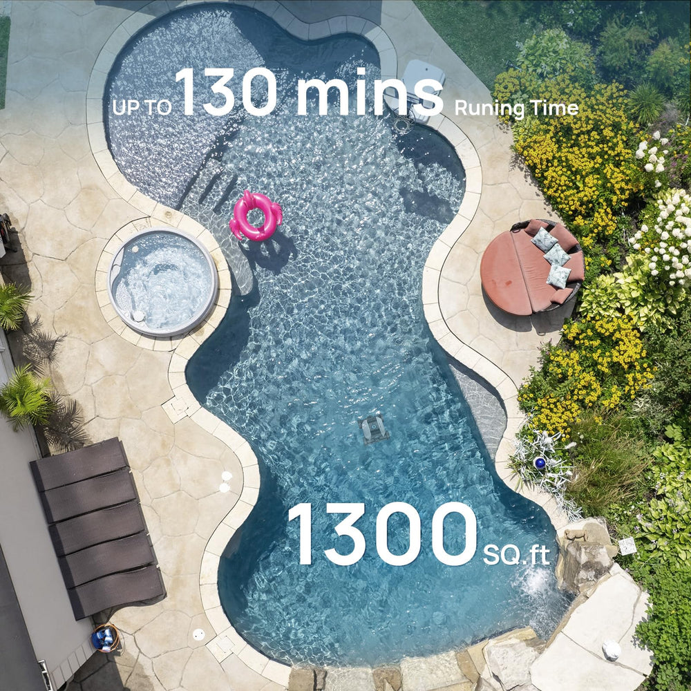WINNY POOL CLEANER by a backyard above-ground pool illustrating quiet, hands-off maintenance