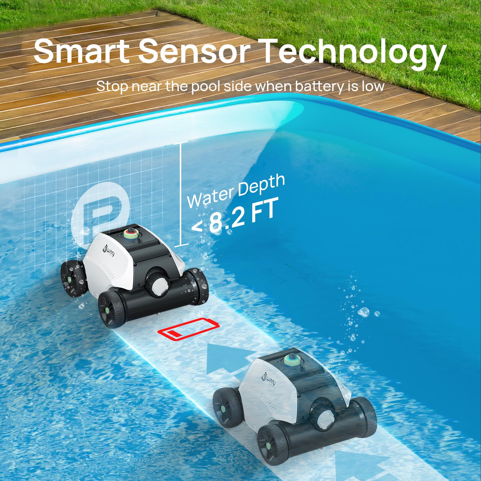 WINNY POOL CLEANER parked at pool edge demonstrating auto self-parking for easy retrieval