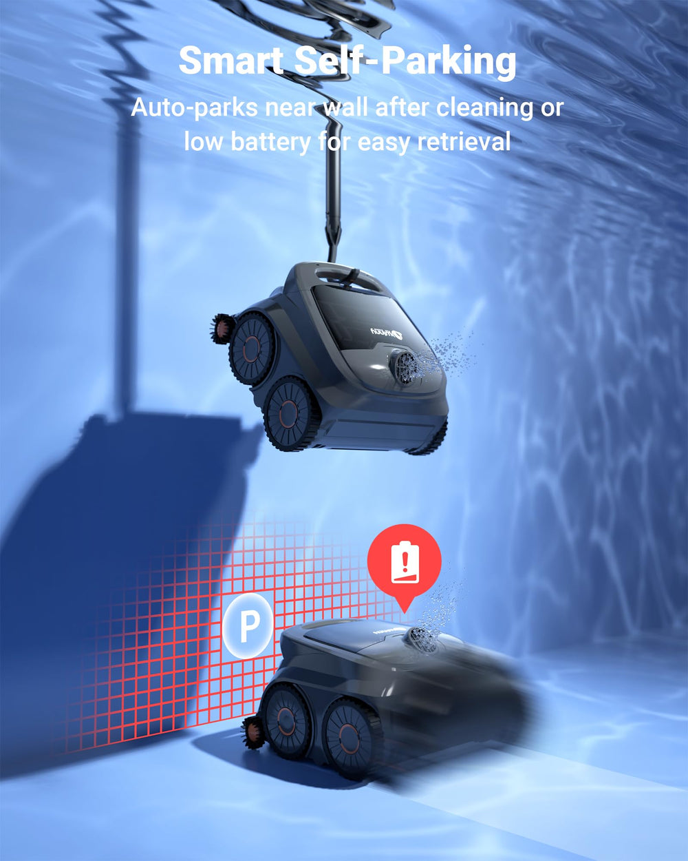 WINNY POOL CLEANER battery pack beside hand for runtime scale