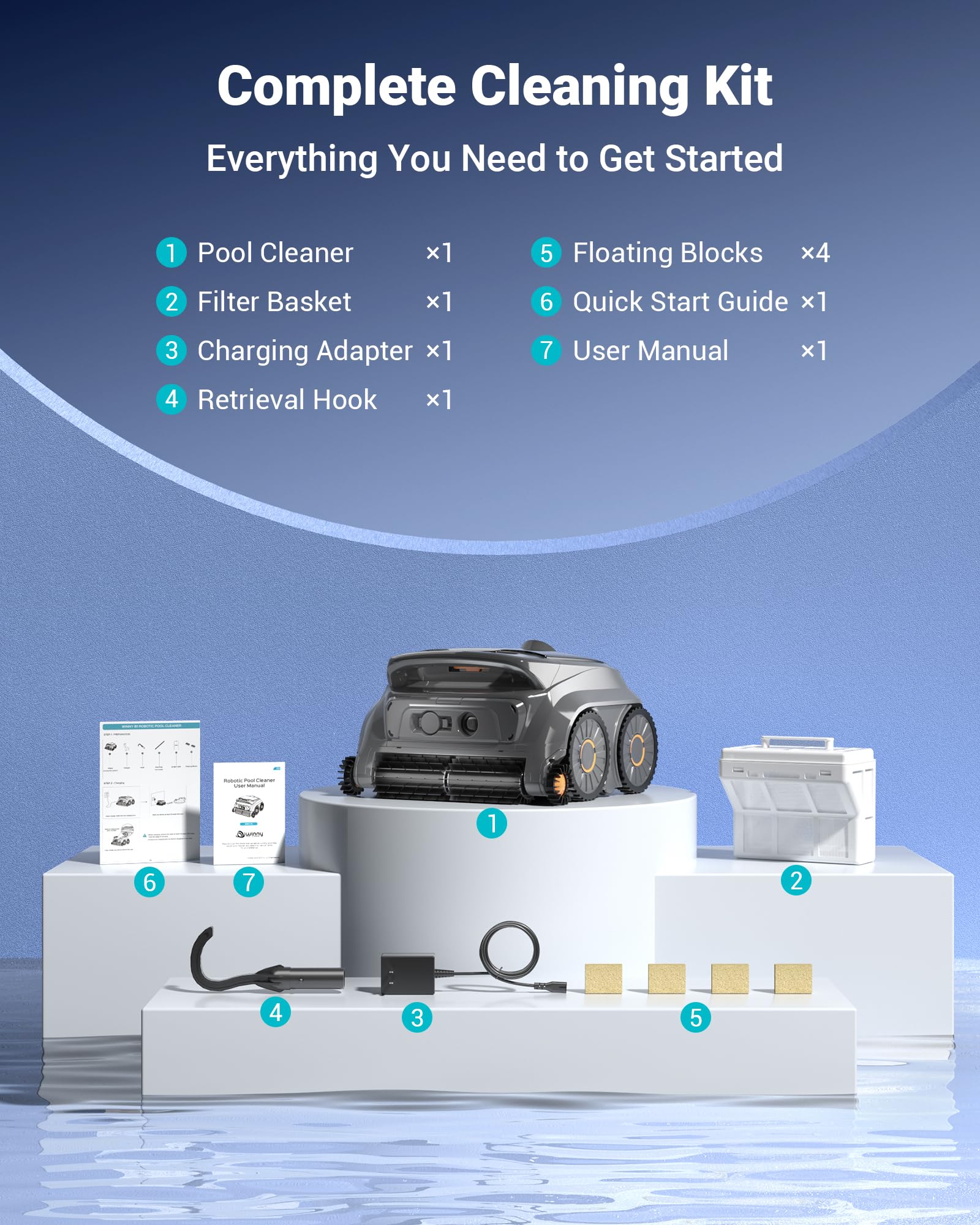 WINNY POOL CLEANER lifestyle shot poolside with robot in clear water