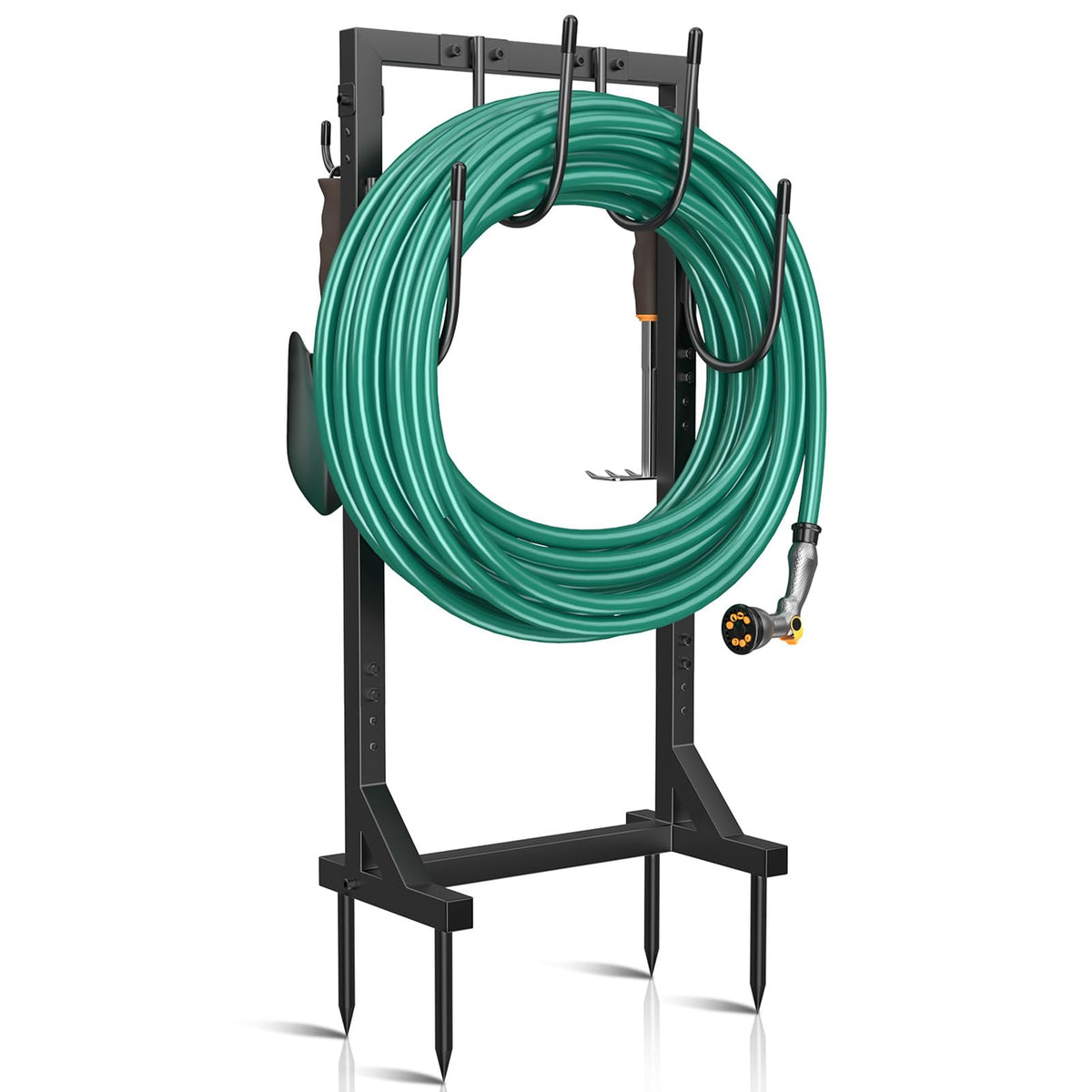 Winpull front view of full freestanding hose holder showing tidy storage benefit