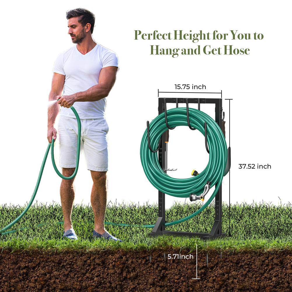 Winpull large hooks holding coiled hose demonstrating 150ft capacity benefit