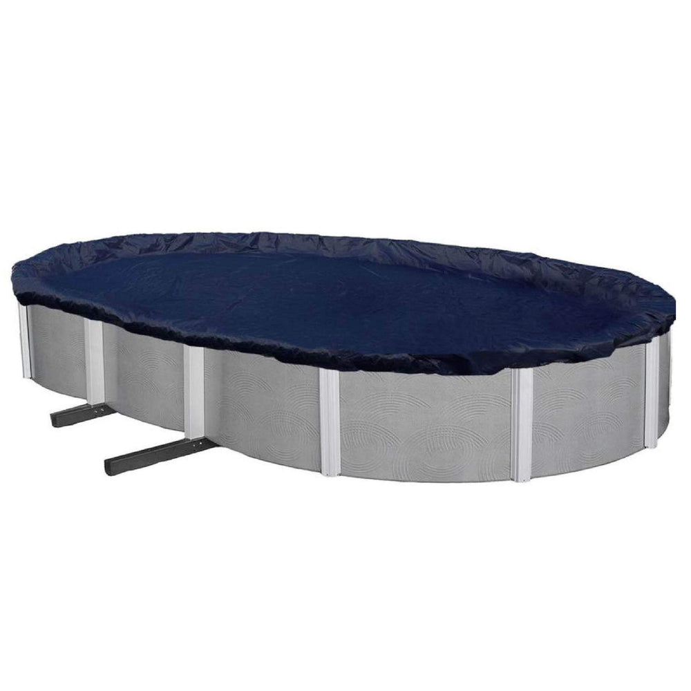 Winter Block front view of blue 18x33 cover fitted over oval pool showing full protection