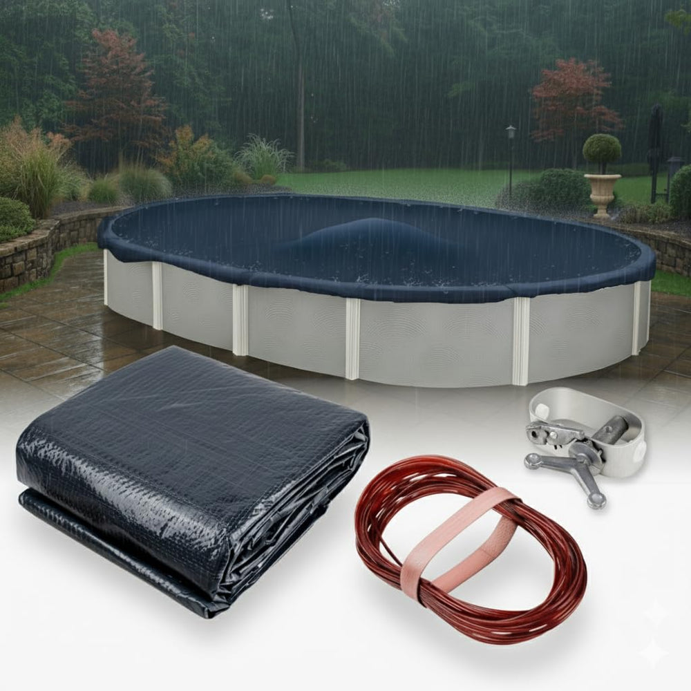 Winter Block front view of packaged 18x27 winter pool cover showing fit and included hardware benefit