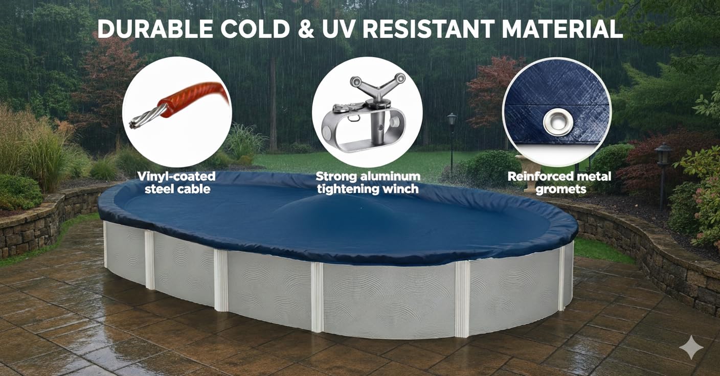 Winter Block cover fully installed on oval aboveground pool protecting water from debris