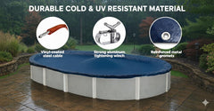 Winter Block cover fully installed on oval aboveground pool protecting water from debris