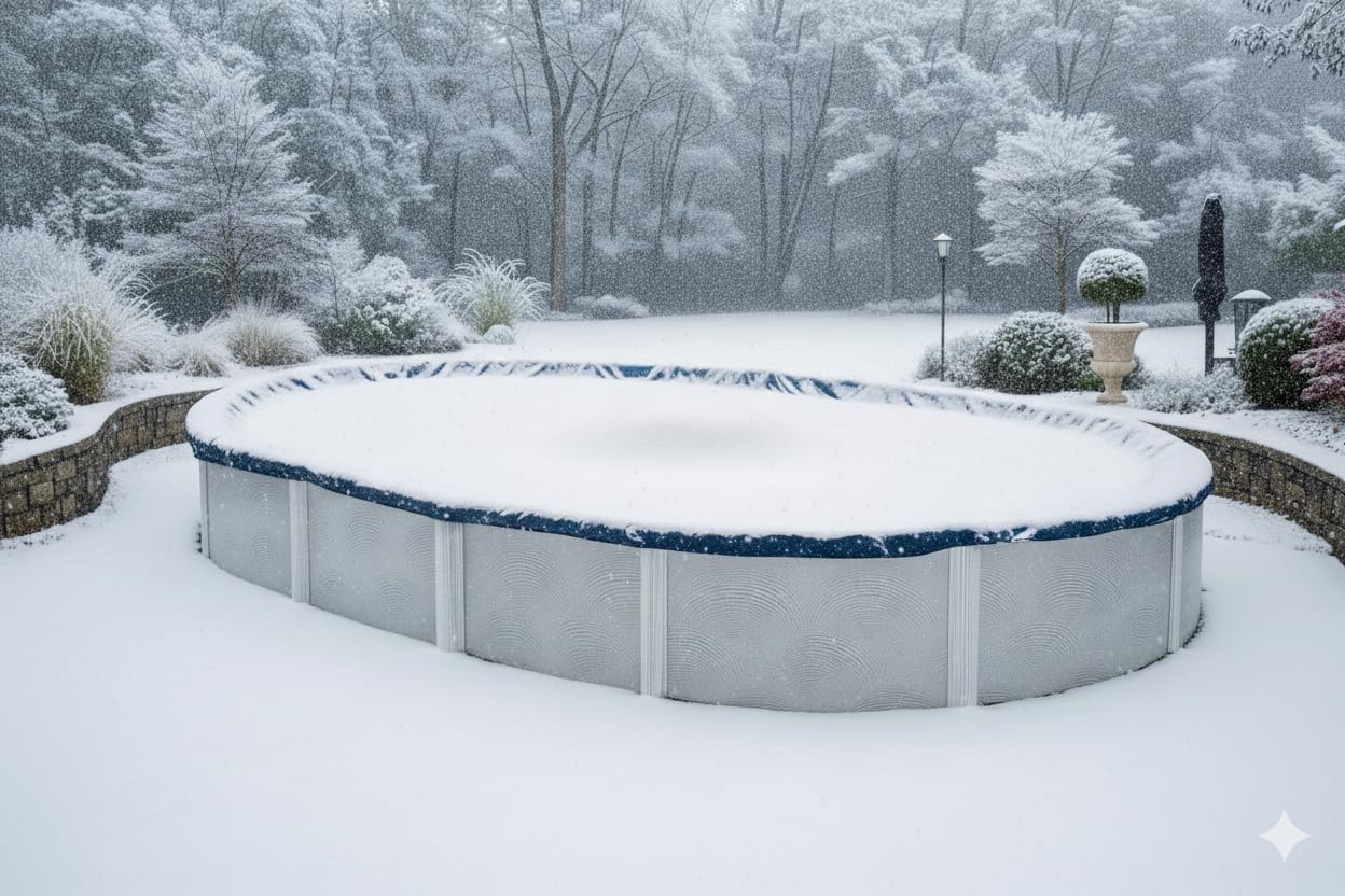Winter Block cover in backyard winter scene showing debris protection and tidy pool benefit