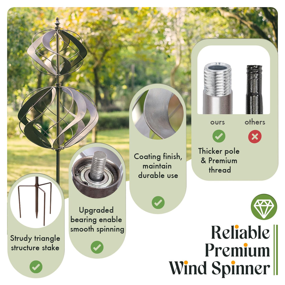 WinWindSpinner triangular base and ground stake detail showing stable anchoring benefit